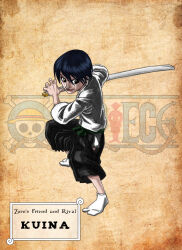Rule 34 | 1girl, absurdres, black hair, blue hair, character name, closed mouth, dark blue hair, electrocereal, english text, fighting stance, full body, highres, holding, holding sword, holding weapon, japanese clothes, jolly roger, kuina, logo, one piece, short hair, smile, socks, solo, straw hats jolly roger, sword, traditional clothes, weapon, white socks