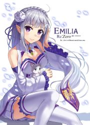 Rule 34 | 10s, 1girl, animal, artist name, bare shoulders, blush, braid, breasts, cat, cleavage, closed mouth, copyright name, detached sleeves, emilia (re:zero), english text, flower, frilled sleeves, frills, hair flower, hair ornament, head tilt, large breasts, long hair, long sleeves, npcpepper, pack (re:zero), pointy ears, puck (re:zero), purple eyes, re:zero kara hajimeru isekai seikatsu, shadow, silver hair, sitting, smile, thighhighs, very long hair, white background, white thighhighs