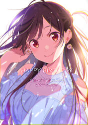 Rule 34 | 1girl, 2021, arm up, bare shoulders, blue dress, brown eyes, brown hair, character name, closed mouth, dated, dress, earrings, flower-trimmed dress, flower earrings, hand in own hair, happy birthday, highres, hirayama kanna, jewelry, kanojo okarishimasu, light particles, lips, long hair, looking at viewer, mizuhara chizuru, one side up, smile, solo, upper body, white background