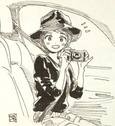 Rule 34 | 1girl, camera, car interior, flying sweatdrops, hat, highres, hiro (dismaless), holding, holding camera, open mouth, original, pants, photo (medium), seat, seatbelt, shirt, short hair, signature, simple background, sitting, solo, traditional media, vehicle interior