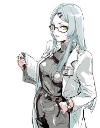 Rule 34 | 1girl, belt, character request, clipboard, coat, commentary, cowboy shot, girls&#039; frontline, glasses, green eyes, grey hair, hair ornament, hairclip, highres, holding, holding clipboard, id card, lab coat, long hair, looking at viewer, osakana (denpa yun&#039;yun), pants, ribbed sweater, simple background, solo, sweater, symbol-only commentary, watch, white background, white coat, wristwatch