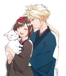 Rule 34 | 1boy, 1girl, alternate hairstyle, animal, black hair, blonde hair, blue eyes, brown hair, cat, cloud strife, final fantasy, final fantasy vii, final fantasy vii remake, flower, hair flower, hair ornament, happy, holding, holding animal, japanese clothes, kimono, long sleeves, looking at another, low ponytail, maru (ff7), mmariesr, official alternate costume, short hair, smile, spiked hair, square enix, tifa lockhart, tifa lockhart (exotic dress), white background, white cat
