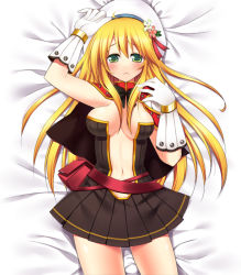 Rule 34 | 1girl, armpits, black bow, black bowtie, blonde hair, blush, bow, bowtie, breasts, brown dress, cape, cleavage, closed mouth, commentary request, cowboy shot, creator (ragnarok online), dress, flower, gloves, green eyes, green flower, hair between eyes, hat, hat flower, leaf hat ornament, long hair, looking at viewer, lying, medium breasts, miya (chocolate holic), navel, on back, on bed, pink flower, plunging neckline, ragfes, ragnarok online, red cape, short dress, solo, strapless, strapless dress, tam (ragnarok online), white gloves, white hat