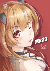 Rule 34 | 1girl, :p, animal ears, artist request, bare shoulders, bell, blue eyes, blush, bra, breasts, brown hair, cat ears, character name, choker, cleavage, collared jacket, earrings, eyes visible through hair, from behind, girls&#039; frontline, hair over shoulder, heart, heart earrings, heterochromia, jacket, jewelry, lace, lace-trimmed bra, lace trim, large breasts, lingerie, long hair, looking at viewer, looking back, mk23 (girls&#039; frontline), multicolored hair, nape, neck bell, one eye closed, pink bra, red background, red eyes, signature, simple background, smile, solo, streaked hair, tongue, tongue out, two side up, underwear