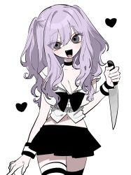 Rule 34 | 1girl, black bow, black choker, black skirt, bow, breasts, buttons, choker, cleavage, commentary, cowboy shot, eyes visible through hair, fang, grey eyes, hair between eyes, heart, highres, holding, holding knife, inochi memo (oosawagidays), knife, large breasts, long hair, looking at viewer, midriff, miniskirt, navel, open mouth, original, purple hair, shirt, short sleeves, skirt, smile, solo, standing, striped clothes, striped thighhighs, striped wristband, thighhighs, two side up, wavy hair, white shirt, wristband, zettai ryouiki