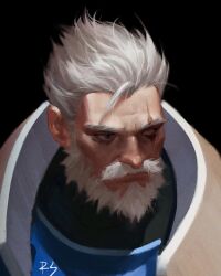 Rule 34 | 1boy, beard, black background, blank eyes, closed mouth, facial hair, grey eyes, male focus, mature male, mustache, overwatch, partially blind, portrait, redsakaone, reinhardt (overwatch), scar, scar across eye, signature, simple background, solo, white facial hair, white hair