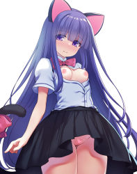 Rule 34 | 1girl, animal ears, black skirt, blue hair, blunt bangs, blush, breasts, breasts out, cat ears, cat tail, censored, cleft of venus, fake animal ears, furude rika, heart, heart censor, highres, higurashi no naku koro ni, long hair, looking at viewer, nipples, no bra, no panties, open clothes, open shirt, purple eyes, pussy, ribbon, shirt, short sleeves, simple background, skirt, small breasts, solo, tail, tail ornament, tail ribbon, thighs, very long hair, white background, white shirt, wind, wind lift, yako