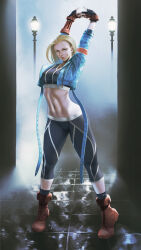 Rule 34 | 1girl, 21yc (september breeze), absurdres, alley, black pants, black sports bra, blonde hair, blue eyes, blue jacket, breasts, cammy white, cropped jacket, fingerless gloves, gloves, highres, jacket, lamppost, large breasts, midriff, navel, pants, parted lips, red footwear, scar, scar on face, simple background, solo, sports bra, stomach, street fighter, stretching, white background, yoga pants