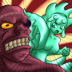 Rule 34 | 1girl, 1other, angry, blue eyes, borrowed character, breasts, clenched hands, colored sclera, colored skin, doodledowd, fighting, green hair, green hairband, green skin, hairband, liquid hair, medium breasts, monster, monster girl, motion lines, no nipples, nude, open mouth, original, punching, red eyes, slime (substance), slime girl, stitched face, stitches, synthea (kingmonster), teeth, violence, yellow sclera
