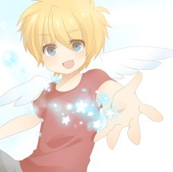 Rule 34 | 1boy, angel wings, fang, male focus, open mouth, outstretched arm, re:kinder, red shirt, shirt, short hair, smile, solo, spoilers, star (symbol), takumi (re:kinder), takumiel, wings, yumekoneko