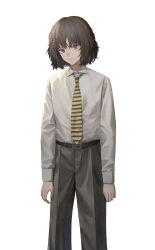 Rule 34 | 1girl, absurdres, black pants, brown hair, brown necktie, collared shirt, commentary request, dress pants, feet out of frame, highres, long sleeves, looking at viewer, medium hair, necktie, original, pants, parted lips, purple eyes, shirt, simple background, smile, solo, striped necktie, subfiction, white background, white shirt, yellow necktie
