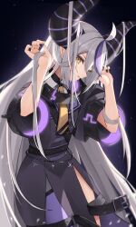 Rule 34 | 1girl, ahoge, black coat, black horns, bunching hair, buttons, coat, commentary request, demon girl, demon horns, double-breasted, from side, grey hair, hands up, highres, hololive, horns, la+ darknesss, la+ darknesss (1st costume), long hair, looking at viewer, multicolored hair, nail polish, pantyhose, pelvic curtain, pointy ears, purple hair, purple pantyhose, side slit, sideways glance, single leg pantyhose, sleeves rolled up, solo, streaked hair, striped horns, thomas 8000, very long hair, virtual youtuber, w arms, yellow eyes