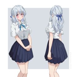 Rule 34 | 1girl, arms at sides, bare legs, blue hair, blue ribbon, blue skirt, blush, border, breast pocket, breasts, closed mouth, collared shirt, dot nose, feet out of frame, from behind, grey background, hair between eyes, hair ribbon, half updo, hand on hand, highres, kakuremino7928, legs together, light smile, long eyebrows, long hair, looking ahead, medium breasts, miniskirt, multiple views, neck ribbon, original, outside border, own hands together, pink eyes, pleated skirt, pocket, ribbon, school uniform, shirt, shirt tucked in, short sleeves, sidelocks, simple background, skirt, split mouth, standing, twitter username, white border, white hair, white shirt