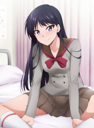 Rule 34 | 1girl, bed, bishoujo senshi sailor moon, black hair, bow, bowtie, brown sailor collar, brown skirt, closed mouth, collared shirt, earrings, grey shirt, highres, hino rei, indoors, jewelry, kaiga, kneehighs, long hair, miniskirt, on bed, pillow, pleated skirt, purple eyes, red bow, red bowtie, sailor collar, sailor shirt, school uniform, shirt, sitting, skirt, smile, socks, solo, spread legs, straight hair, ta girls school uniform, very long hair, white socks