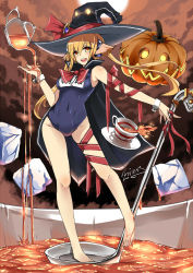 Rule 34 | 1girl, artist name, blonde hair, cloak, cloud, contrapposto, cup, einess, halloween, hat, heart, heart-shaped pupils, highres, jack-o&#039;-lantern, ladle, moon, one-piece swimsuit, original, oversized object, ribbon, school swimsuit, sky, solo, standing, standing on one leg, sugar cube, swimsuit, symbol-shaped pupils, tea, teacup, teapot, wet, witch hat, wrist cuffs, yellow eyes