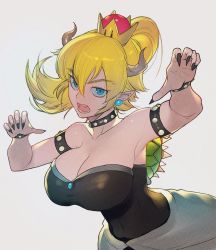Rule 34 | 1girl, aqua eyes, armlet, armpits, backlighting, bad id, bad pixiv id, bare shoulders, black collar, black dress, blonde hair, bowsette, bracelet, breasts, brooch, claw pose, cleavage, collar, collarbone, dress, earrings, fingernails, hair between eyes, hands up, head tilt, horns, impossible clothes, impossible dress, jaoooo, jewelry, large breasts, long hair, looking at viewer, mario (series), navel, new super mario bros. u deluxe, nintendo, open hands, open mouth, pointy ears, ponytail, sharp fingernails, sharp teeth, shiny clothes, shiny skin, short hair, simple background, skirt, solo, spiked armlet, spiked bracelet, spiked collar, spiked shell, spikes, strapless, strapless dress, super crown, taut clothes, taut dress, teeth, thick eyebrows, thym (pruj7878), toned, turtle shell, upper body, white background