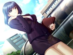 Rule 34 | 1girl, blue hair, business suit, game cg, outdoors, sky, solo, tagme