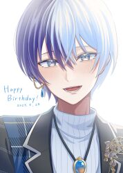 Rule 34 | 1boy, absurdres, aoyagi touya, blue hair, brooch, commentary request, dark blue hair, dated, grey eyes, hair between eyes, happy birthday, highres, jewelry, lanyard, lapels, light blue hair, looking at viewer, male focus, mole, mole under eye, multicolored hair, notched lapels, official alternate costume, open mouth, project sekai, ribbed sweater, short hair, solo, split-color hair, sweater, teeth, turtleneck, turtleneck sweater, two-tone hair, upper body, white background, yk62