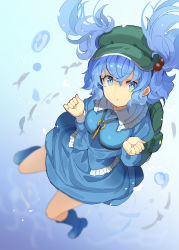 Rule 34 | 1girl, :t, backpack, bag, blue background, blue eyes, blue footwear, blue hair, blue shirt, blue skirt, boots, breasts, cabbie hat, commentary request, falken (yutozin), fish, frilled shirt collar, frills, gradient background, green hat, hair between eyes, hair bobbles, hair ornament, hands up, hat, highres, kawashiro nitori, key, looking at viewer, medium breasts, shirt, short hair, skirt, skirt set, solo, touhou, two side up