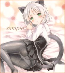 Rule 34 | 1girl, animal ears, ass, bad id, bad pixiv id, blush, cat ears, cat tail, colored pencil (medium), green eyes, looking at viewer, lying, marker (medium), on side, panties, panties under pantyhose, pantyhose, pleated skirt, potto, potto (minntochan), sample watermark, sanya v. litvyak, school uniform, serafuku, silver hair, skirt, solo, strike witches, tail, traditional media, underwear, watermark, world witches series