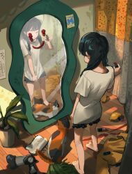 Rule 34 | 1girl, barefoot, black hair, braid, cat, closed eyes, closed mouth, commentary, curtains, english commentary, frown, full-length mirror, full body, highres, indoors, lipstick, long hair, makeup, messy room, mirror, myango (applemangocrape), original, plant, poster (object), potted plant, shirt, short sleeves, smeared lipstick, solo, standing, twin braids, unworn shirt, white shirt