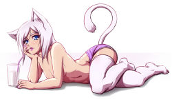 Rule 34 | 1girl, animal ears, blue eyes, cat ears, cat tail, drink, drinking straw, hand on own face, kit (mazume), lipstick, lying, makeup, mazume, nail polish, navel, on side, original, panties, pink nails, pink panties, simple background, solo, swept bangs, tail, thighhighs, topless, underwear, white background, white thighhighs