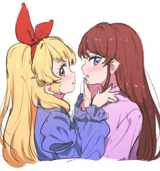 Rule 34 | 2girls, aikatsu!, aikatsu! (series), alternate costume, blonde hair, blue shirt, blush, bow, brown hair, from side, hair bow, hairband, hand on another&#039;s chest, hand on another&#039;s chin, hoshimiya ichigo, long hair, long sleeves, looking at viewer, multiple girls, open mouth, purple eyes, purple nails, purple shirt, red bow, red eyes, red hairband, shibuki ran, shirt, simple background, upper body, white background, yamamura saki