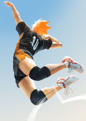 Rule 34 | 1boy, arm up, black shirt, black shorts, commentary request, from below, haikyuu!!, hand up, highres, hinata shouyou, jumping, knee pads, male focus, orange hair, orange shirt, orange shorts, outstretched arm, playing sports, sanwood mori, shirt, shoes, short hair, short sleeves, shorts, sneakers, socks, solo, spiked hair, sportswear, volleyball, volleyball uniform, white socks