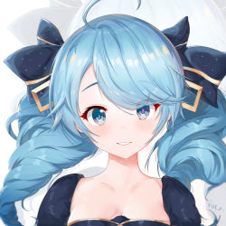 Rule 34 | 1girl, absurdres, ahoge, artist name, black bow, blue eyes, bow, collarbone, commentary request, drill hair, gwen (league of legends), hair bow, highres, league of legends, long hair, looking at viewer, parted lips, puffy short sleeves, puffy sleeves, short sleeves, smile, solo, star-shaped pupils, star (symbol), symbol-shaped pupils, teeth, twin drills, twintails, white background, yoly