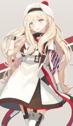 Rule 34 | 10s, 1girl, armband, beret, blonde hair, dress, garter straps, gloves, grey background, hat, hiiragi souren, kantai collection, long hair, mole, mole under eye, mole under mouth, multicolored clothes, multicolored gloves, pom pom (clothes), richelieu (kancolle), smile, solo, thighhighs, white dress, white thighhighs, yellow eyes