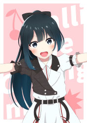 Rule 34 | 1girl, absurdres, belt, black bow, black hair, border, bow, brown belt, cherry bomb (love live!), commentary request, grey eyes, grey jacket, hair bow, highres, jacket, long hair, looking at viewer, love live!, love live! nijigasaki high school idol club, nishipalette, official alternate hairstyle, open mouth, outside border, outstretched arms, pink background, plaid, plaid jacket, ponytail, puffy short sleeves, puffy sleeves, short sleeves, solo, standing, upper body, white border, white jacket, yuki setsuna (love live!)