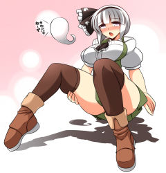Rule 34 | 1girl, :o, ankle boots, blush, bob cut, boots, breasts, brown thighhighs, convenient leg, curvy, female focus, hair ribbon, hairband, hand on own thigh, highres, hitodama, konpaku youmu, konpaku youmu (ghost), large breasts, legs, looking at viewer, open mouth, ribbon, short hair, sitting, solo, thick thighs, thighhighs, thighs, touhou, ueda katsuhito, white hair