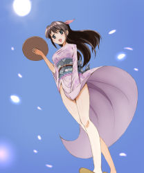 Rule 34 | 1girl, :d, black eyes, black hair, breasts, cherry blossoms, cowboy shot, dutch angle, from below, hair ribbon, holding, holding tray, japanese clothes, kimono, kinfuji, large breasts, looking at viewer, open mouth, original, petals, ponytail, ribbon, smile, solo, thighs, touge chayako, tray
