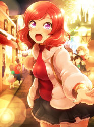 Rule 34 | 10s, 1girl, \m/, animal ears, bag, blouse, blush, cat ears, double \m/, highres, looking at viewer, love live!, love live! school idol festival, love live! school idol project, nishikino maki, omuraisu echizen, open mouth, outstretched arm, purple eyes, red hair, red shirt, shirt, short hair, shoulder bag, smile, solo, solo focus