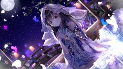 Rule 34 | 1girl, bad id, bad pixiv id, black hair, blush, breasts, bug, butterfly, commentary request, detached sleeves, dutch angle, flower, frilled skirt, frills, fujiwara hajime, full moon, idolmaster, idolmaster cinderella girls, insect, lantern, lium, long hair, looking at viewer, moon, night, obi, outdoors, own hands together, paper lantern, petals, red eyes, ribbon-trimmed sleeves, ribbon trim, sash, sitting, skirt, smile, solo, veil