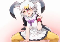Rule 34 | 10s, 1girl, :d, bird tail, black-tailed gull (kemono friends), blush, breath, clothed sex, cowgirl position, dress, frilled dress, frills, girl on top, gradient background, grey hair, hair between eyes, head wings, kemono friends, long hair, multicolored hair, open mouth, orgasm, pantyhose, sex, short sleeves, simple background, smile, solo focus, straddling, sweat, tail, tanaka kusao, trembling, white hair, wings, wristband, yellow eyes, yellow pantyhose