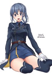 Rule 34 | 1girl, :d, black necktie, blue hair, blue skirt, character name, collared shirt, dated, gloves, gotland (kancolle), gotland andra (kancolle), highres, kantai collection, long hair, looking at viewer, military, military uniform, mole, mole under eye, necktie, open mouth, shirt, simple background, sitting, skirt, smile, solo, thighhighs, timato, twitter username, uniform, white background, white gloves