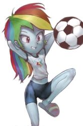 Rule 34 | 1girl, arms behind head, arms up, ball, bike shorts, blue skin, cloud print, colored skin, conoghi, grin, hasbro, lightning bolt print, long hair, midriff, multicolored hair, my little pony, my little pony: equestria girls, my little pony: friendship is magic, navel, pink eyes, print shirt, purple footwear, rainbow dash, rainbow hair, shirt, short sleeves, slippers, smile, soccer ball, standing, standing on one leg, teeth, white background, white shirt