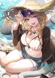 Rule 34 | animal ears, arknights, beach, bikini, bikini top only, blonde hair, breasts, cleavage, denim, denim shorts, eyewear on head, hat, highres, ji mag (artist), large breasts, looking at viewer, naughty face, official alternate costume, open mouth, purple eyes, seiza, shorts, sitting, solo, striped bikini, striped clothes, sun hat, sunglasses, swimsuit, swimsuit cover-up, utage (arknights), utage (summer flowers) (arknights)