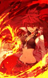 Rule 34 | 1girl, absurdres, bad id, bad pixiv id, belt, belt skirt, blazing heart (elsword), bracer, breasts, cleavage, clenched hand, collarbone, elesis (elsword), elsword, fang, fire, grin, groin, high collar, highres, hwansang, jacket, jewelry, long hair, long sleeves, midriff, navel, necklace, open fly, open mouth, red eyes, red hair, smile, solo, unbuttoned, unzipped, very long hair, white jacket, zipper
