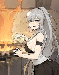 Rule 34 | 1girl, apron, armband, blue eyes, breasts, clumsy, fire, frills, gogalking, grey hair, highres, kitchen, large breasts, long hair, maid, maid (gogalking), mayonnaise, original, pleated skirt, ponytail, sideboob, frying pan, skirt, spilling, stove, suggestive fluid, waist apron