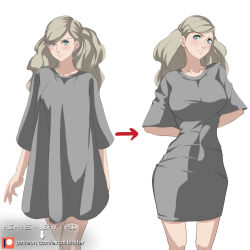 Rule 34 | 1girl, arrow (symbol), blonde hair, blue eyes, breasts, collarbone, earrings, excaliblader, grey shirt, jewelry, large breasts, looking at viewer, meme, multiple views, oversized clothes, paid reward available, pajamas challenge (meme), patreon username, persona, persona 5, shirt, simple background, stud earrings, takamaki anne, taut clothes, taut shirt, twintails, watermark, web address, white background