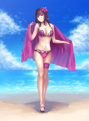 Rule 34 | 1girl, absurdres, anklet, beach, bikini, blue sky, bracelet, breasts, cleavage, cloud, cloudy sky, collarbone, day, fate/grand order, fate (series), flower, full body, hair flower, hair ornament, highres, horizon, jewelry, large breasts, legs together, long hair, looking at viewer, applying manicure, nail polish, navel, ocean, outdoors, applying pedicure, purple bikini, purple flower, purple hair, purple nails, red eyes, sand, sandals, scathach (fate), scathach (fate), scathach (fate/grand order), scathach (swimsuit assassin) (fate), shawl, sky, solo, sparkle, standing, stomach, swimsuit, takinashi (friend coffee), thigh strap, toenail polish, toenails, underboob, water