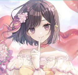 1girl arm_at_side balloon bouquet brown_eyes brown_hair closed_mouth commentary dress finger_to_mouth flower gloves hair_behind_ear hair_ribbon hand_up heart_balloon highres index_finger_raised jne off-shoulder_dress off_shoulder pink_flower pink_ribbon project_sekai ribbon shinonome_ena short_hair smile solo striped_ribbon symbol-only_commentary upper_body white_gloves wind yellow_dress