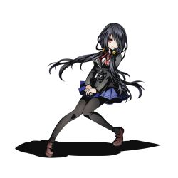 Rule 34 | 10s, 1girl, alpha transparency, black hair, black pantyhose, blue skirt, date a live, divine gate, full body, hair ornament, hair over one eye, long hair, neck ribbon, official art, own hands together, pantyhose, pleated skirt, red eyes, red ribbon, ribbon, school uniform, shadow, skirt, smile, solo, tokisaki kurumi, transparent background, twintails, ucmm, very long hair