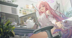 1girl absurdres angel_wings bare_shoulders blue_archive blurry blurry_foreground breasts calendar_(object) commentary computer_keyboard cup feathered_wings hair_bun halo highres indoors large_breasts long_hair looking_at_viewer low_wings mika_(blue_archive) monitor open_mouth peroro_(blue_archive) pink_hair pink_halo plant see-through_clothes see-through_shirt see-through_silhouette shirt single_side_bun sitting smile solo swivel_chair teacup teeth thighs totomong upper_teeth_only white_shirt white_wings wings yellow_eyes