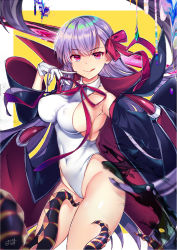 Rule 34 | 1girl, bb (fate), bb (fate) (all), bb (swimsuit mooncancer) (fate), bb (swimsuit mooncancer) (third ascension) (fate), black coat, breasts, coat, collared leotard, covered erect nipples, covered navel, cowboy shot, fate/grand order, fate (series), gloves, highleg, highleg leotard, highres, impossible clothes, large breasts, leotard, looking at viewer, neck ribbon, open clothes, open coat, popped collar, purple hair, red eyes, red ribbon, ribbon, rotte (1109), sideboob, smile, solo, tentacles, vampire costume, white gloves, white leotard
