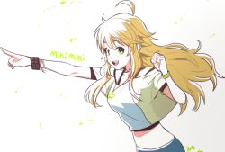 Rule 34 | 1girl, ahoge, artist name, bad id, bad pixiv id, blonde hair, bracelet, character name, gradient background, green eyes, hoshii miki, idolmaster, idolmaster (classic), jewelry, long hair, looking at viewer, midriff, navel, necklace, open mouth, overexposure, pointing, rod (rod4817), solo, star (symbol)