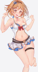 Rule 34 | 1girl, @ @, absurdres, armpits, arms up, barefoot, blonde hair, bow, breasts, brown eyes, cameltoe, cleavage, clothing cutout, commentary, djeeta (granblue fantasy), foot out of frame, gold trim, granblue fantasy, hair intakes, hairband, halterneck, highres, light blush, looking down, midriff, miniskirt, navel, niii, open mouth, red bow, shirt, short hair, simple background, skirt, solo, stomach cutout, strap slip, thigh gap, thigh strap, thighs, wardrobe malfunction, white background, white shirt, white skirt