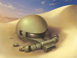 Rule 34 | buried, damaged, desert, evening, gundam, helmet, mecha, mobile suit gundam, no humans, robot, sand, sky, wacchi, zaku